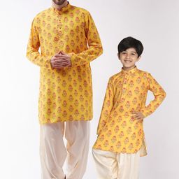 VASTRAMAY Men Mustard Yellow & Pink Ethnic Motifs Printed Kurta with Patiala-picture-23