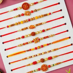 Sangria Set of 10 Floral Design Artificial Stones & Beads Thread Rakhis With Roli Chawal-picture-37