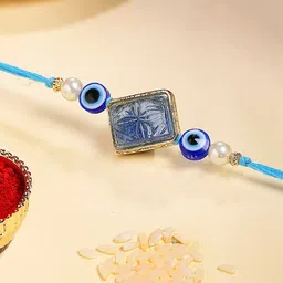 KARATCART Gold Plated Carved Stone Evil Eye Kundan Bhiya Thread Rakhi with Roli & Chawal-picture-43