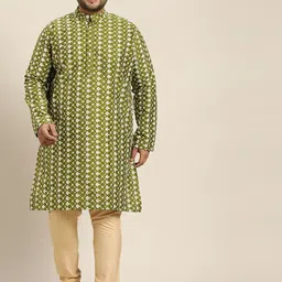 SOJANYA PLUS Men Green & White Chikankari Embroidered Kurta-picture-22