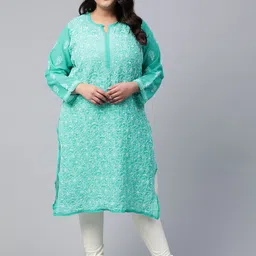 Ada Women Plus Size Sea Green & White Ethnic Motifs Chikankari Embroidered Georgette Handloom Kurta-picture-16