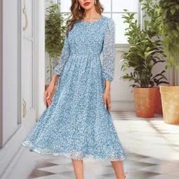 BAESD Floral Printed Round Neck Georgette Gathered Fit & Flare Midi Dress-picture-18