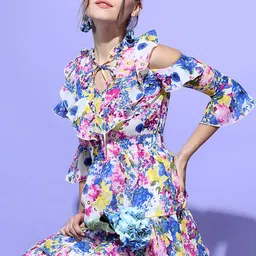 Tokyo Talkies Floral Womens Pink/Blue Ruffled Print Fit & Flare Midi Dress-picture-32