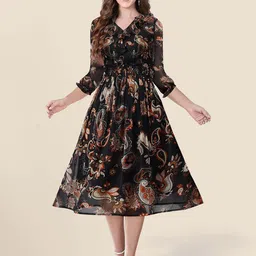 BAESD Paisley Printed V-Neck Puff Sleeve Georgette Fit & Flare Dress-picture-16