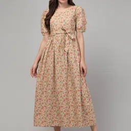 Zuvino Floral Printed Puff Sleeve Cotton Maternity Fit & Flare Midi Dress-image-3
