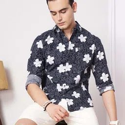 The Indian Garage Co Men Navy Blue & White Slim Fit Floral Printed Casual Shirt-picture-31