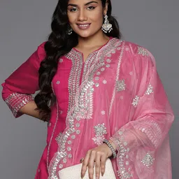 Indo Era Plus Size Ethnic Motifs Embroidered Gotta Patti Kurta with Trousers & Dupatta-picture-41