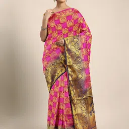 Mitera Pink & Navy Blue Pure Silk Woven Design Banarasi Saree-picture-16