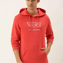 Flying Machine Men Pink Typographic Printed Hooded Sweatshirt image 1