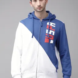 u.s. polo assn. U S Polo Assn Men White & Blue Colourblocked Hooded Sweatshirt image 1