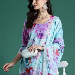 Indo Era Floral Embroidered Empire Thread Work Kurta With Trousers & Dupatta-picture-27