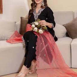 SANISA Women Ethnic Motifs Embroidered Regular Kurta with Trousers & Dupatta-image-48