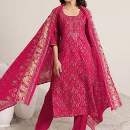 Libas Pink Floral Printed Round Neck Mirror Work Straight Kurta With Trouser & Dupatta-picture-19