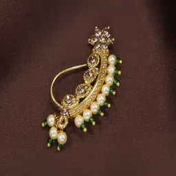 I Jewels Gold-Plated & Green Pearl Studded & Beaded Maharashtrian Nosepin-picture-23