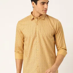 SOJANYA Men Mustard Yellow & Navy Blue Classic Regular Fit Printed Casual Shirt-picture-11