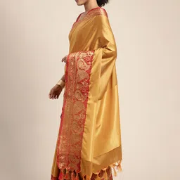 Leeza Store Mustard Yellow & Red Zari Silk Blend Banarasi Saree-picture-27