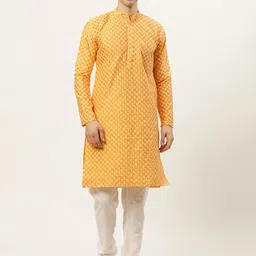 Jompers Men Mustard Yellow & White Chikankari Embroidered Kurta with Churidar-picture-25