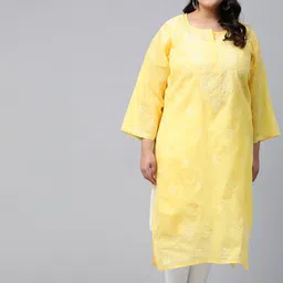 Ada Women Plus Size Yellow & White Ethnic Motifs Cotton Chikankari Embroidered Kurta-picture-12