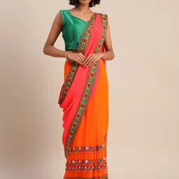 Mitera Orange & Pink Pure Georgette Embroidered Saree-picture-25
