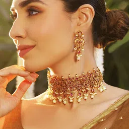 Rubans 24K Gold Plated Ruby Studded & Pearl Beaded Handcrafted Choker Necklace Set image 1