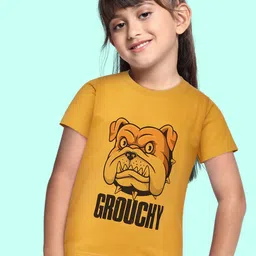 BRATMA Kids Mustard Yellow & Black Pure Cotton Printed T-shirt-image-55