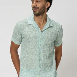 Mufti Men Green Slim Fit Abstract Printed Notch Lapel Collar Casual Shirt-image-25