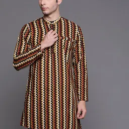 Indo Era Men Maroon & Black Geometric Printed Pure Cotton Kurta-picture-30