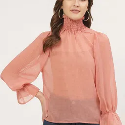 ANVI Be Yourself Women Peach-Coloured & White Semi-Sheer Micro Ditsy Print Top-image-47