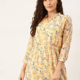 Flying Machine Cream-Coloured Floral Printed Mandarin Collar Pleated Polyester Maxi Dress-picture-38