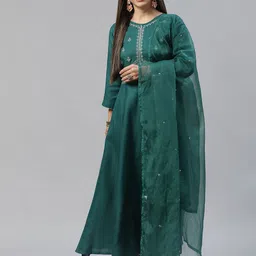 SheWill Women Green Ethnic Motifs Embroidered Kurta with Trousers & Dupatta-image-91