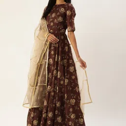 Ethnovog Women Maroon Floral Printed Pleated Kurta with Churidar-picture-16