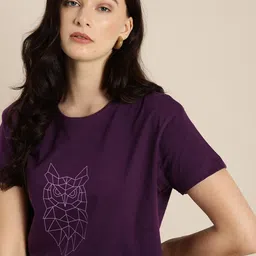 DILLINGER Women Purple Printed Round Neck Pure Cotton Boxy Regular Pure Cotton T-shirt-picture-12