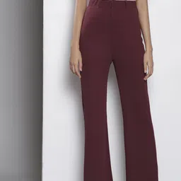 SASSAFRAS Women Burgundy Comfort Flared Easy Wash Bootcut Trousers-image-89