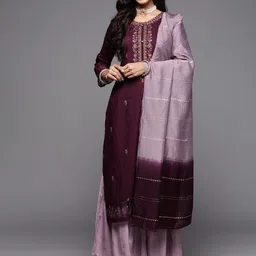 Varanga Women Burgundy Ethnic Motifs Embroidered Thread Work Kurta with Trousers & With Dupatta-picture-34