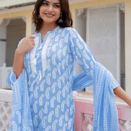 AHIKA Women Blue Paisley Printed Mirror Work Pure Cotton Kurta with Trousers & With Dupatta-picture-24