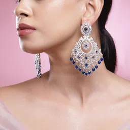 Rubans Rhodium-Plated Blue Sapphire & White Cubic Zirconia Premium Chandelier Earrings-picture-56