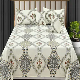 Homio Furnishings Private Limited Porcelain Cream & Green Floral 300 TC King Bedsheet-image-17