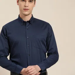 Hancock Men Navy Blue Solid Slim Fit Pure Cotton Formal Shirt-picture-11