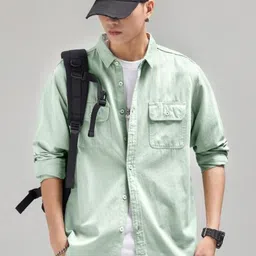 KPOP Men Original Fit Solid Spread Collar Cotton Casual Shirt-picture-28
