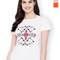 Fabflee Women Multicoloured 3 Printed V-Neck Applique T-shirt-image-50
