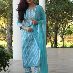 Arayna Ethnic Motifs Printed Pure Cotton Straight Kurta &  Trouser With Dupatta-picture-37