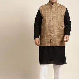 SOJANYA PLUS Men Plus Size Black Pure Cotton Kurta with Churidar Comes With a Nehru Jacket-picture-32