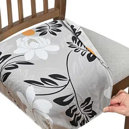ohello 4 Pcs Grey & Black Floral Printed Elasticated Fitted Polyester Chair Seat Covers image 2