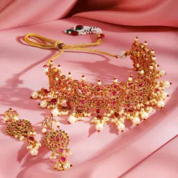 Rubans 24K Gold Plated Ruby Studded & Pearl Beaded Handcrafted Choker Necklace Set image 5