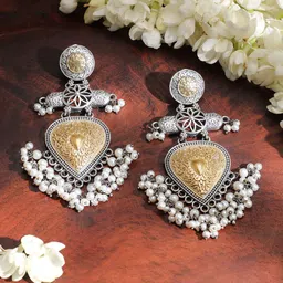 Rubans Dual-Tone Oxidised Silver & Gold Plated Chandelier Earrings with Pearl Beaded Drops image 3