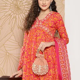 Yufta Women Floral Printed Regular Sequinned Pure Cotton Kurta with Trousers & Dupatta image 2