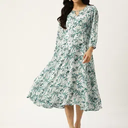 DressBerry Cream & Green Floral Printed Puff Sleeve A-Line Dress-picture-39