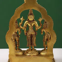 Exotic India Gold Toned Religious Brass Lord Vishnu with Shridevi & Bhudevi Showpiece image 4