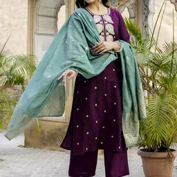 SANISA Women Ethnic Motifs Embroidered Regular Pure Silk Kurta with Palazzos & With Dupatta image 2