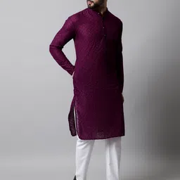 Jompers Men Purple Ethnic Motifs Embroidered Thread Work Pure Cotton Kurta image 3